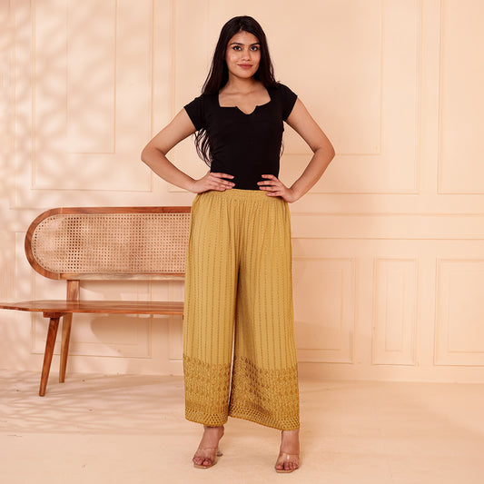 Flared Dark Beige Chikan (Embroidered) Palazzo Pant