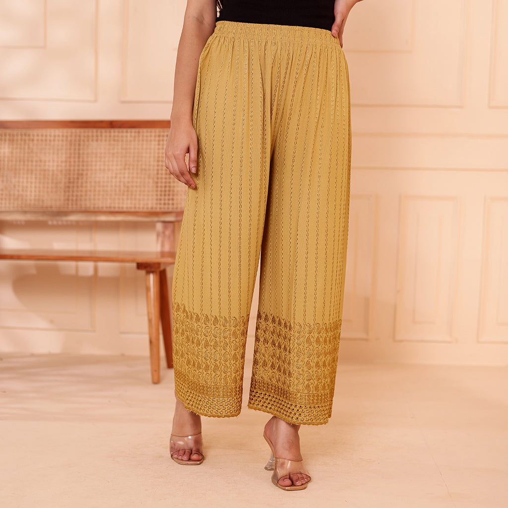 Flared Dark Beige Chikan (Embroidered) Palazzo Pant