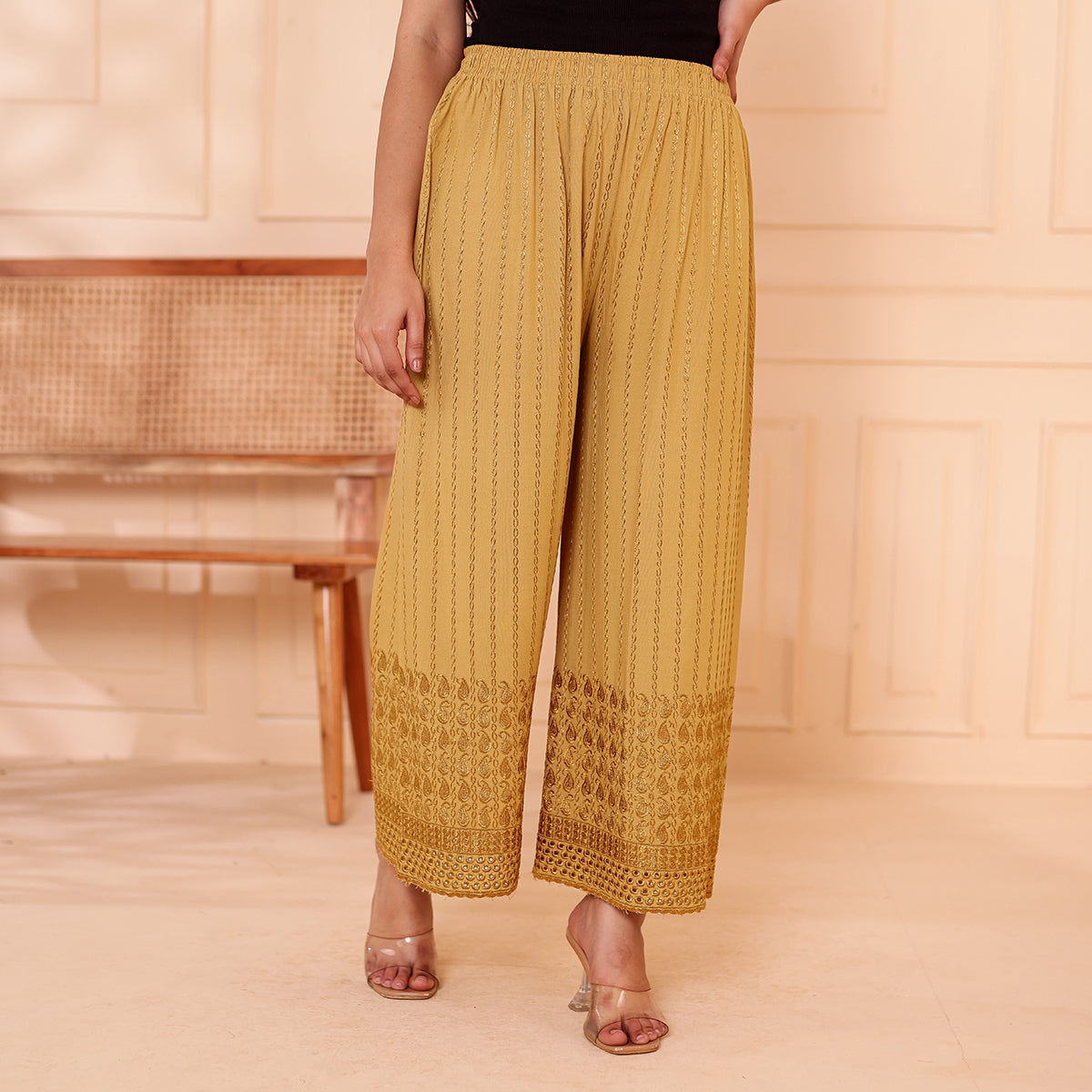 Flared Dark Beige Chikan (Embroidered) Palazzo Pant