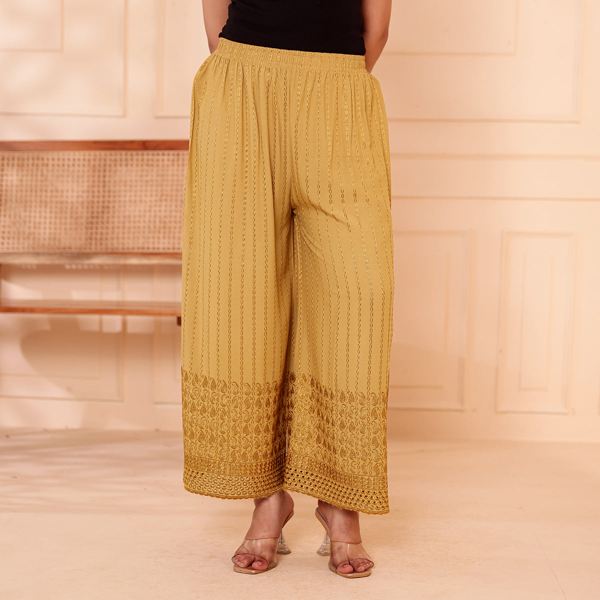 Flared Dark Beige Chikan (Embroidered) Palazzo Pant