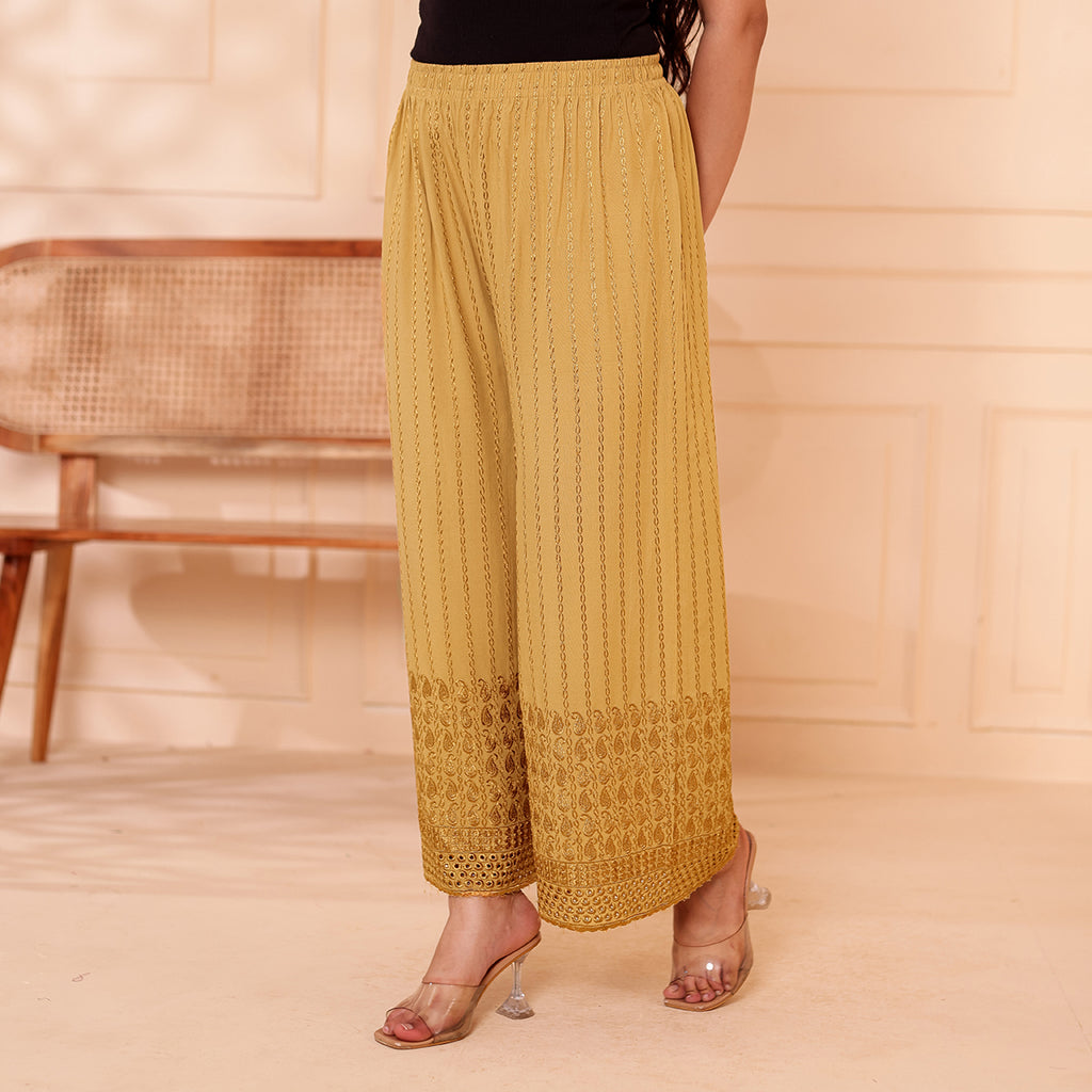 Flared Dark Beige Chikan (Embroidered) Palazzo Pant