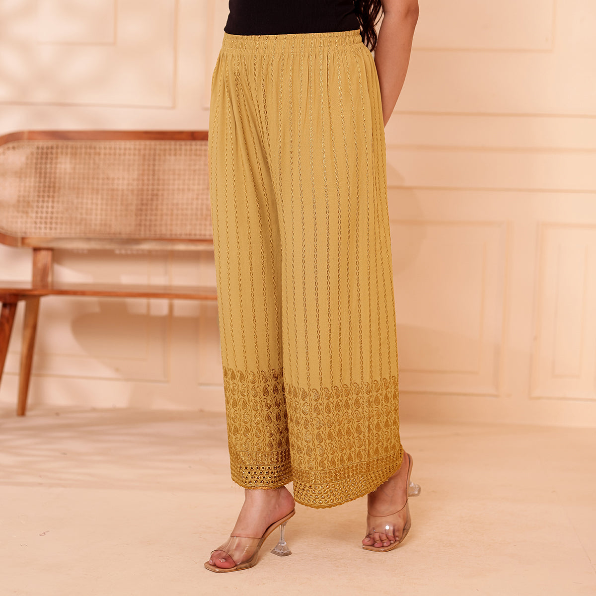Flared Dark Beige Chikan (Embroidered) Palazzo Pant