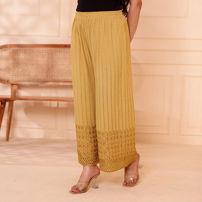 Flared Dark Beige Chikan (Embroidered) Palazzo Pant