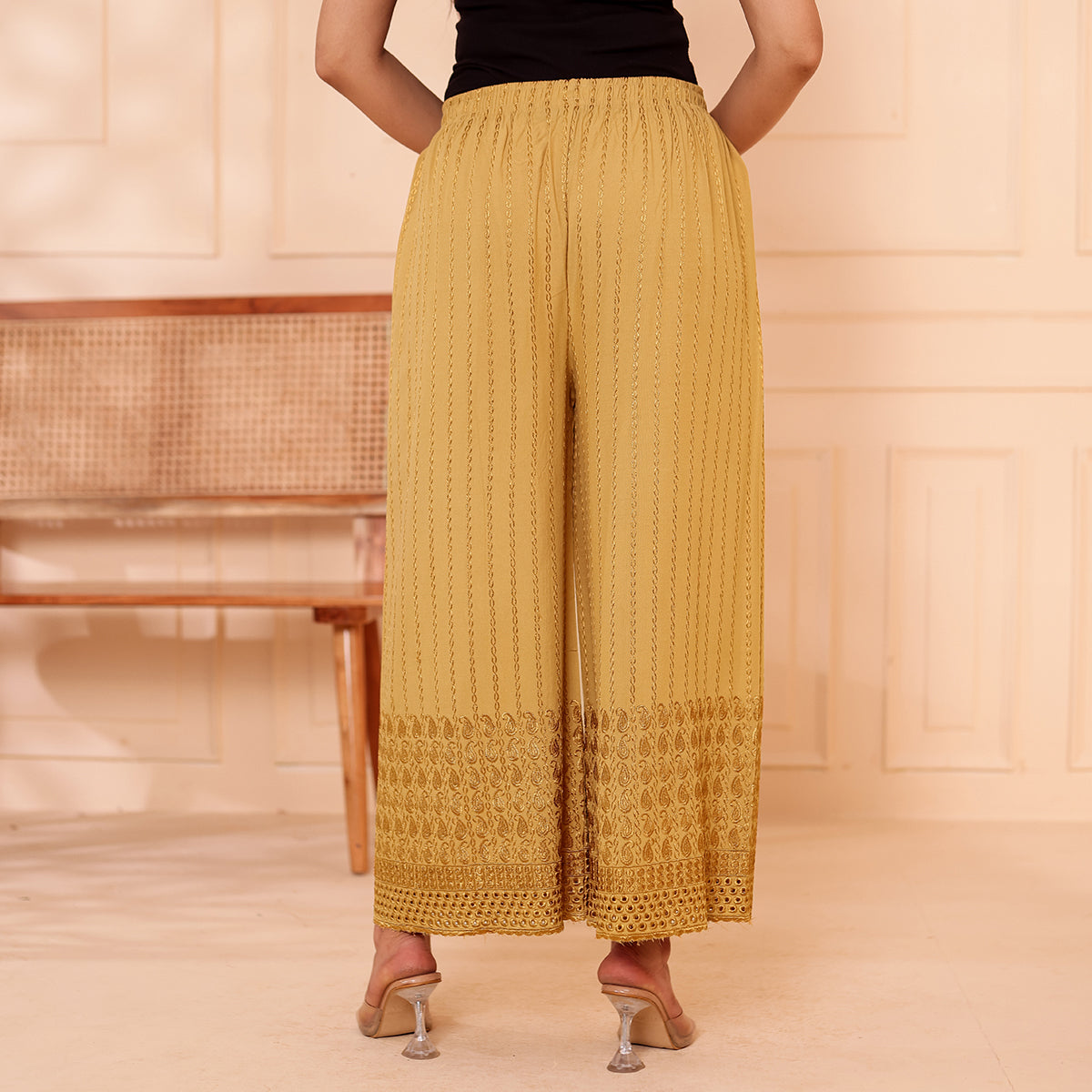 Flared Dark Beige Chikan (Embroidered) Palazzo Pant