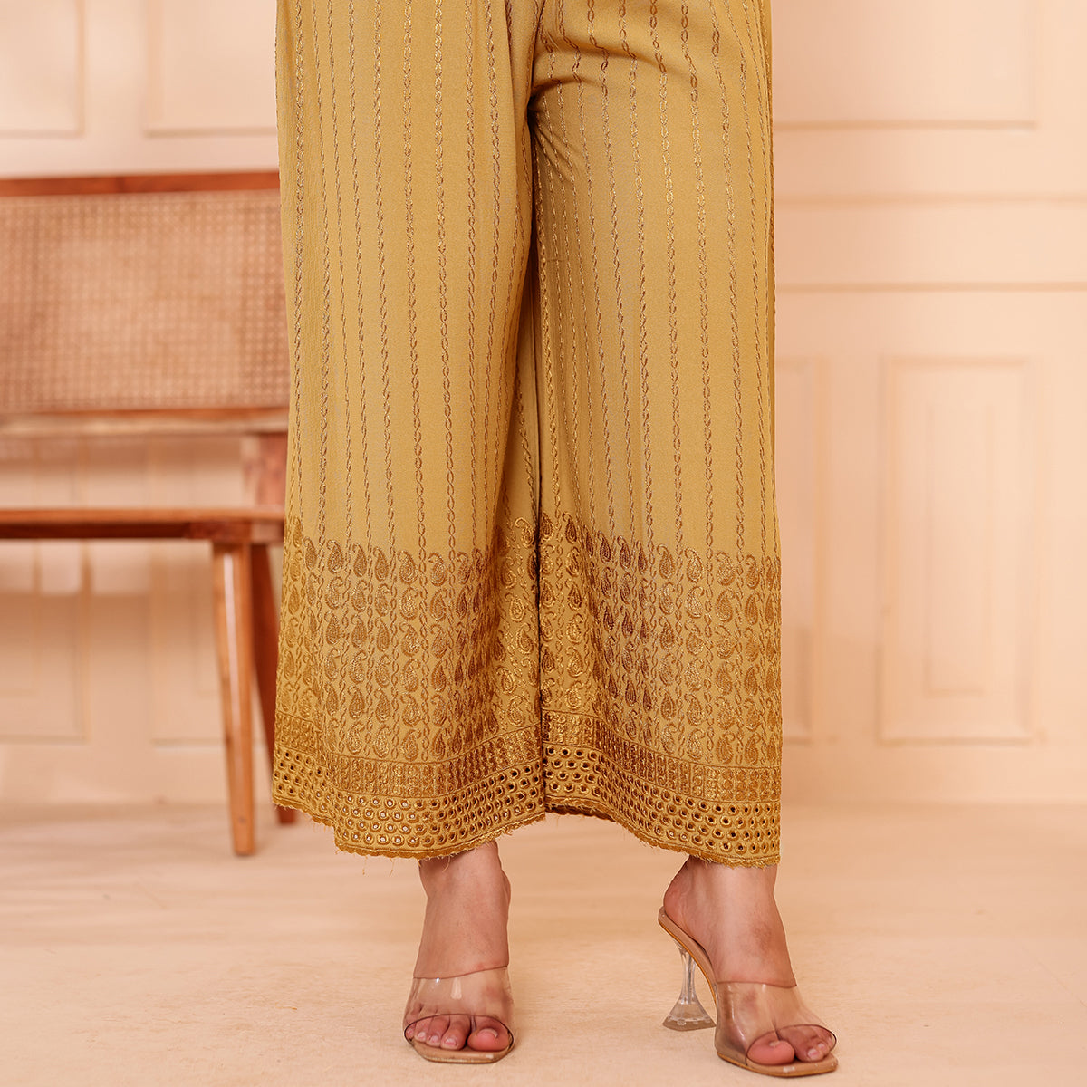 Flared Dark Beige Chikan (Embroidered) Palazzo Pant