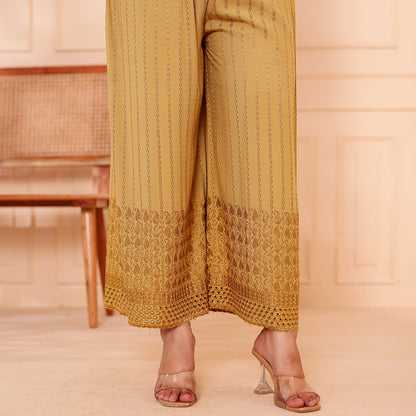 Flared Dark Beige Chikan (Embroidered) Palazzo Pant