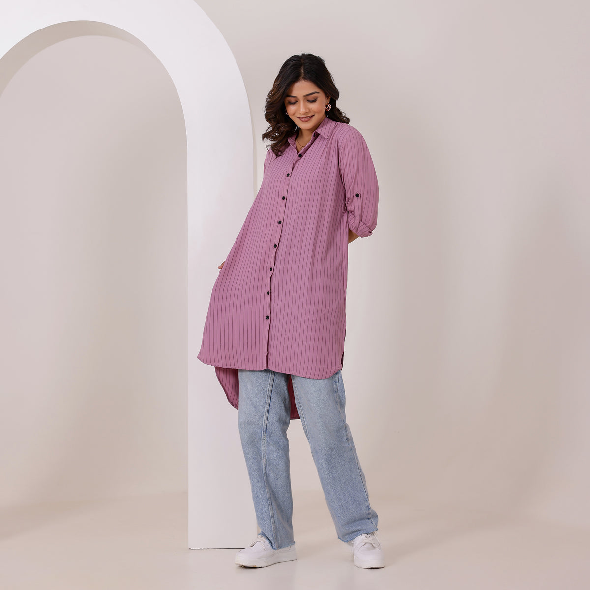 Mauve Pinstripe Longline Butter Crepe Shirt