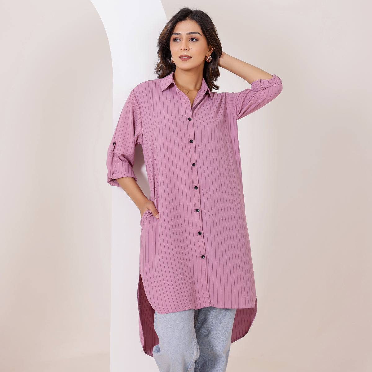 Mauve Pinstripe Longline Butter Crepe Shirt