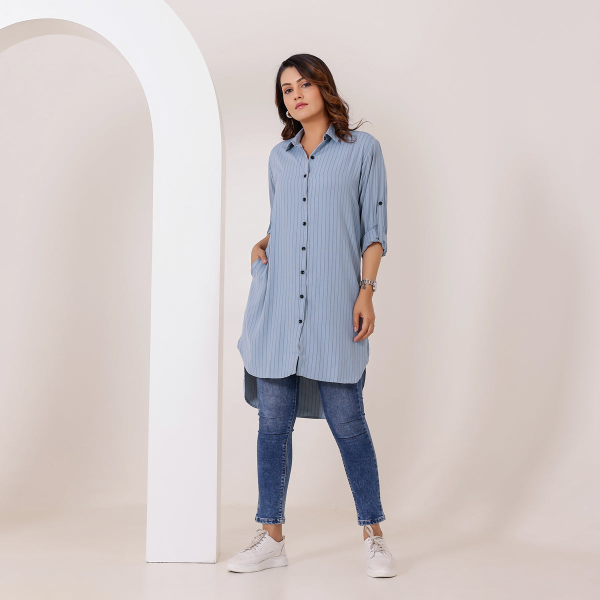 Dusty Blue Pinstripe Longline Butter Crepe Shirtt