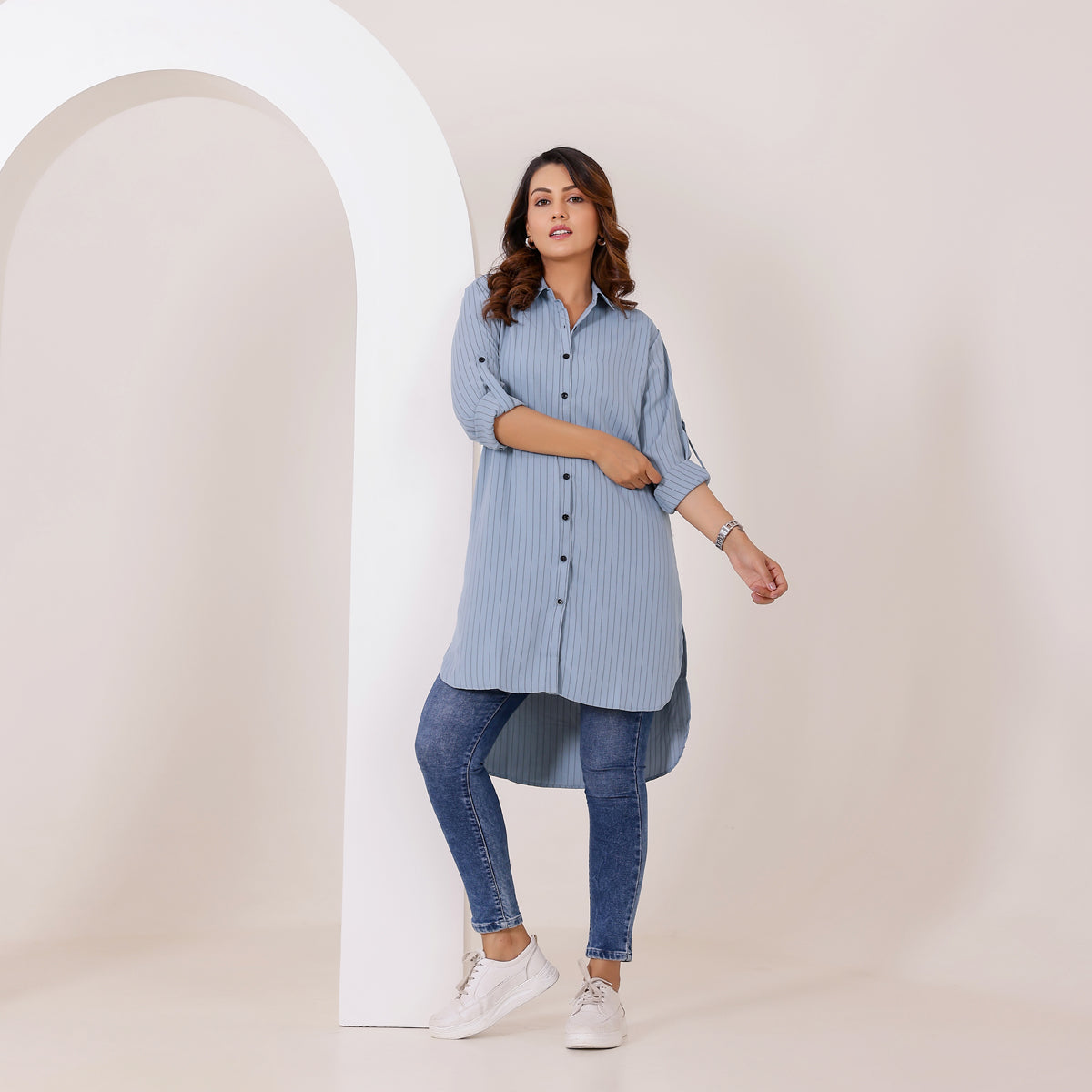 Dusty Blue Pinstripe Longline Butter Crepe Shirtt