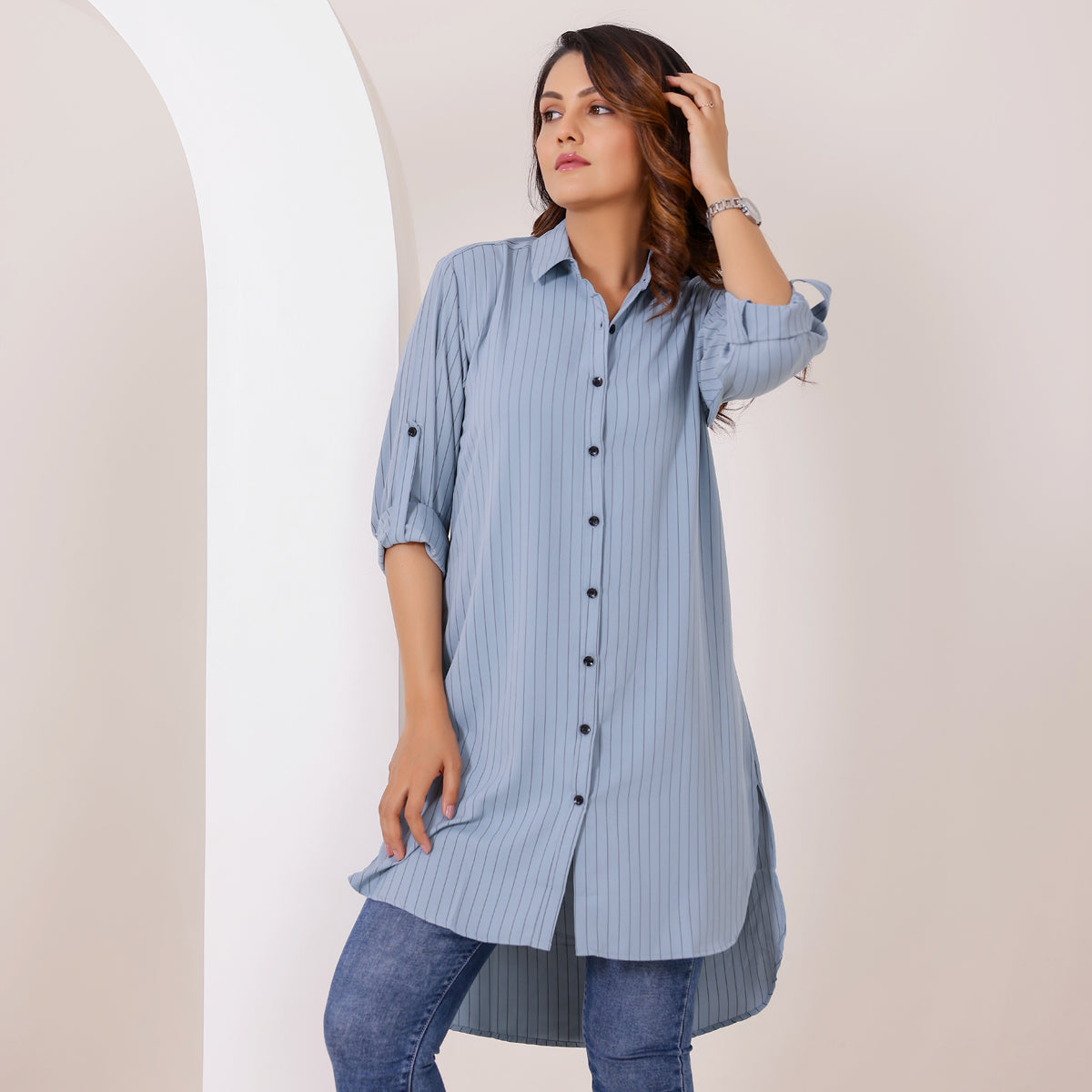 Pastel Blue High low Stripes Shirt