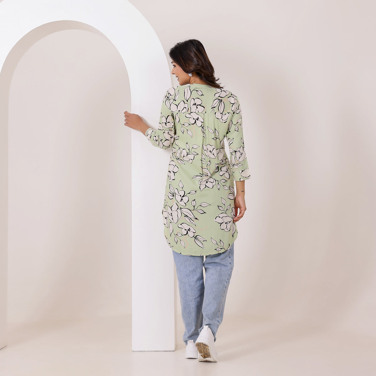 Pastel Green Floral Print Rayon Tunic