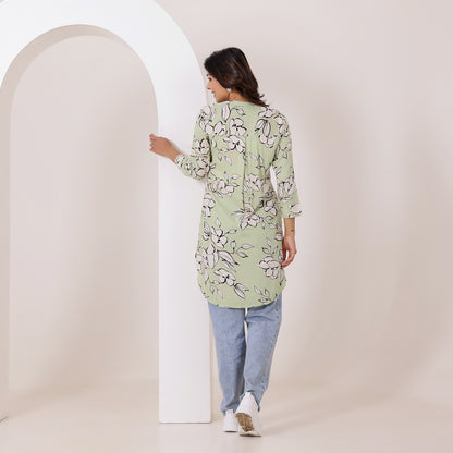 Pastel Green Floral Printed Rayon Tunic