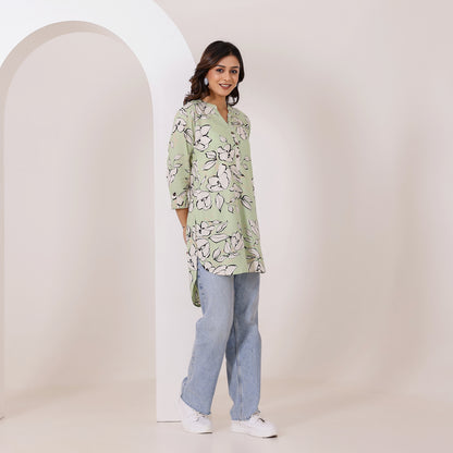 Pastel Green Floral Printed Rayon Tunic