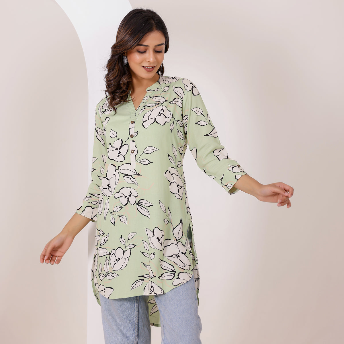 Pastel Green Floral Print Rayon Tunic