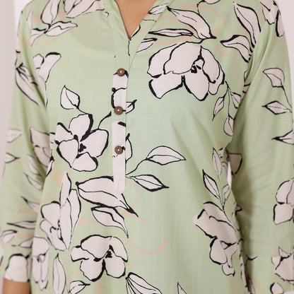 Pastel Green Floral Printed Rayon Tunic