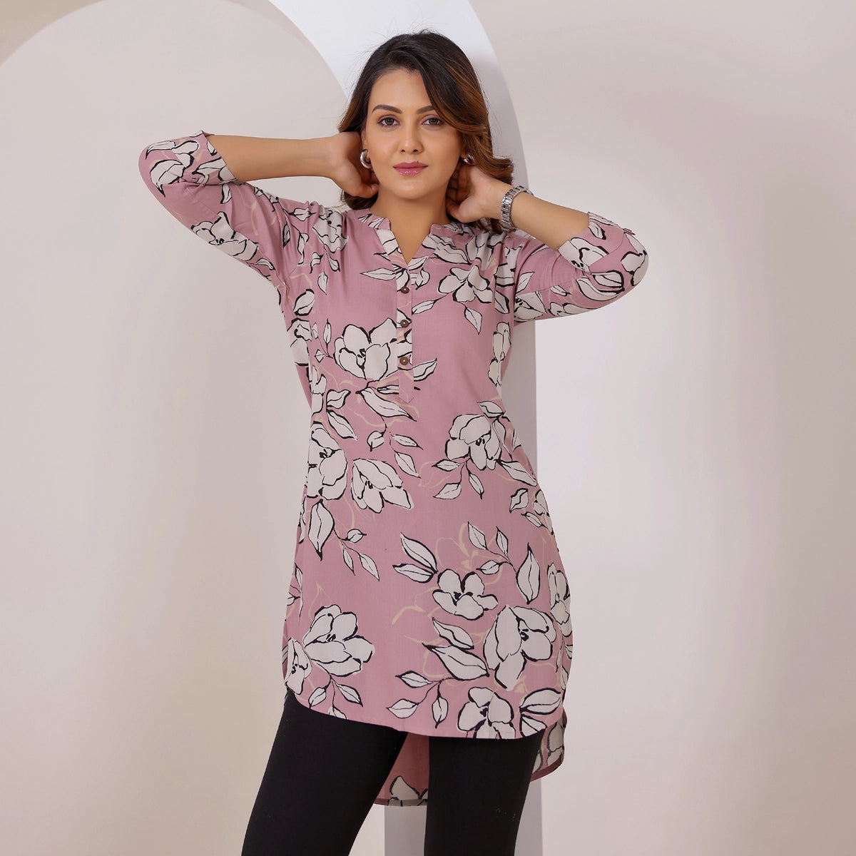 Mauve Floral Print Rayon Tunic