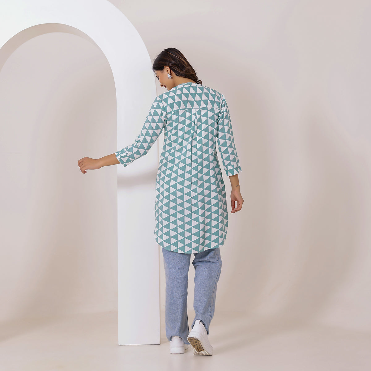 Sea-Green and White Geometry Printed Rayon Tunic