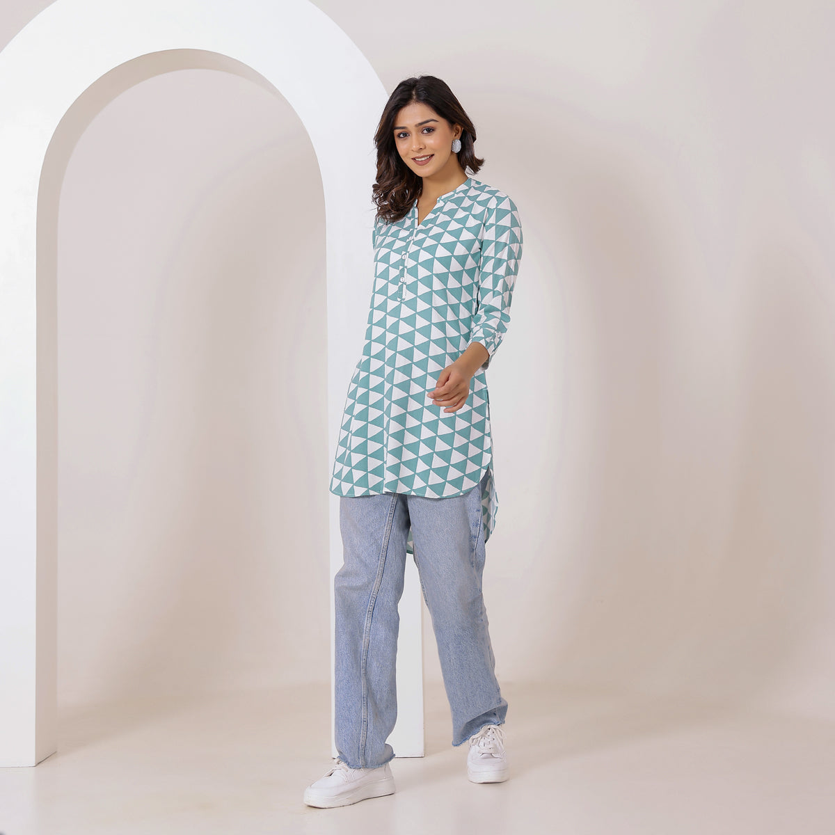 Sea-Green and White Geometry Printed Rayon Tunic