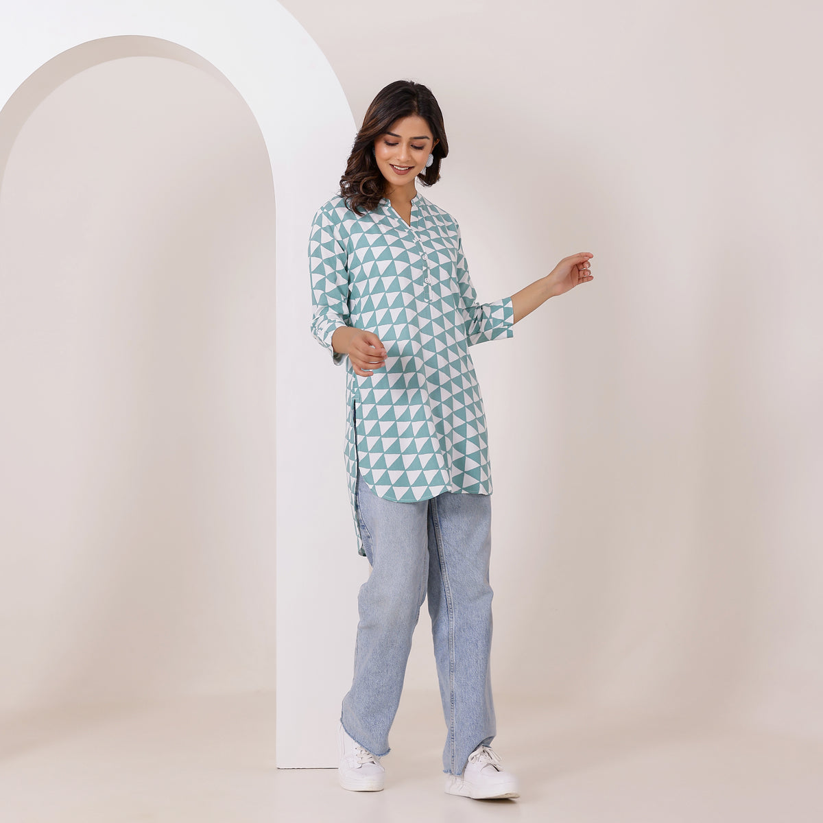 Sea-Green and White Geometry Printed Rayon Tunic