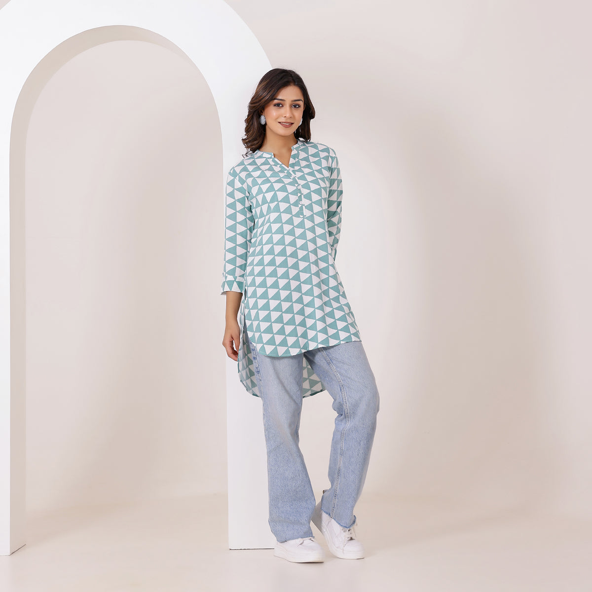 Sea-Green and White Geometry Printed Rayon Tunic