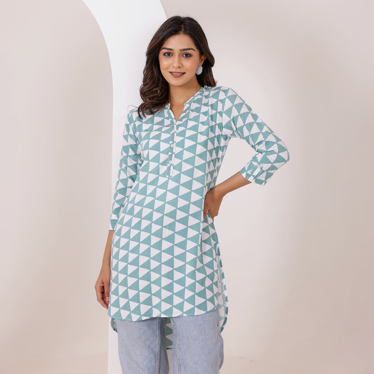 Sea-Green and White Geometry Printed Rayon Tunic