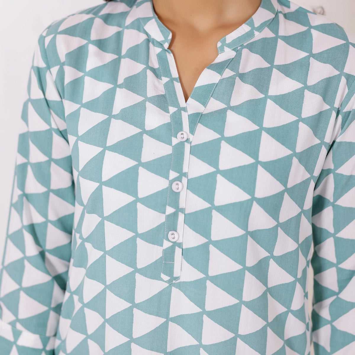 Sea-Green and White Geometry Printed Rayon Tunic