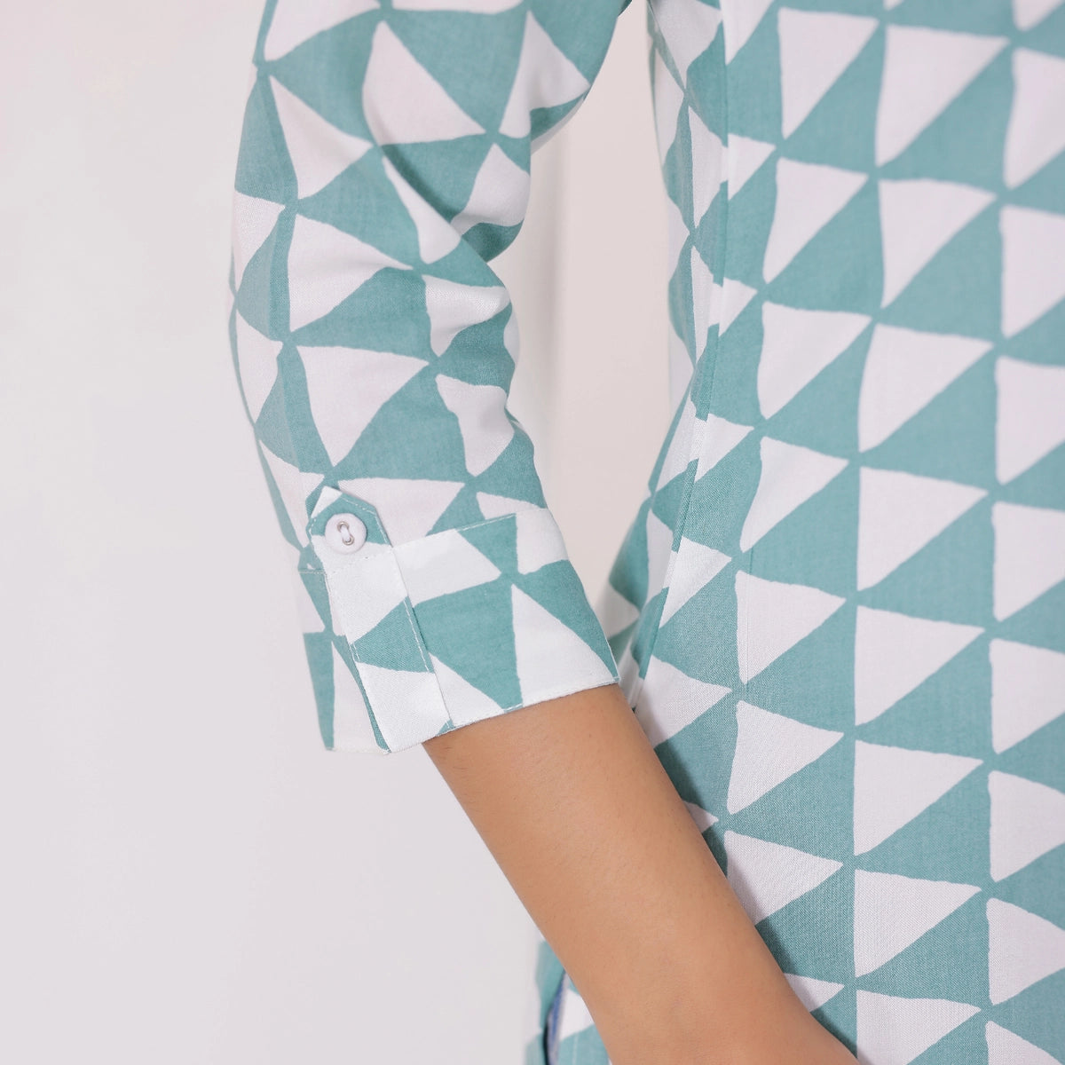 Sea-Green and White Geometry Printed Rayon Tunic