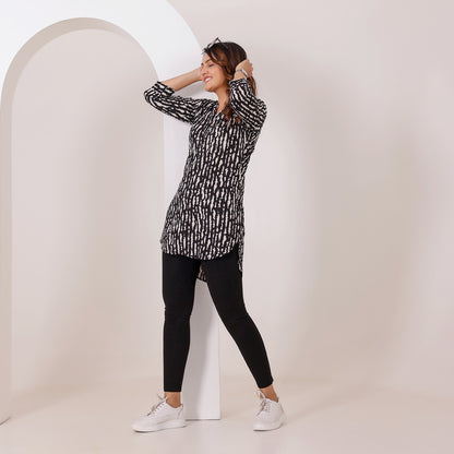 Black and Off-white Stripes Printed Rayon Tunic