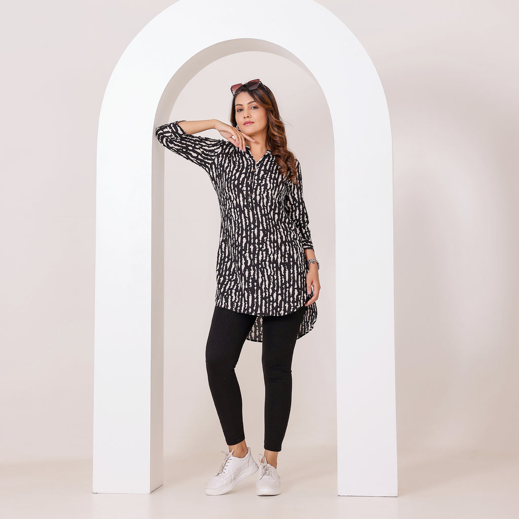 Black and Off-white Stripes Printed Rayon Tunic