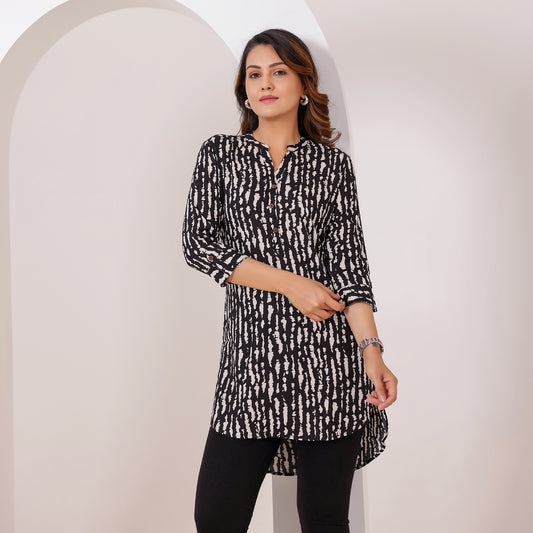 Black and Off-white Stripes Printed Rayon Tunic