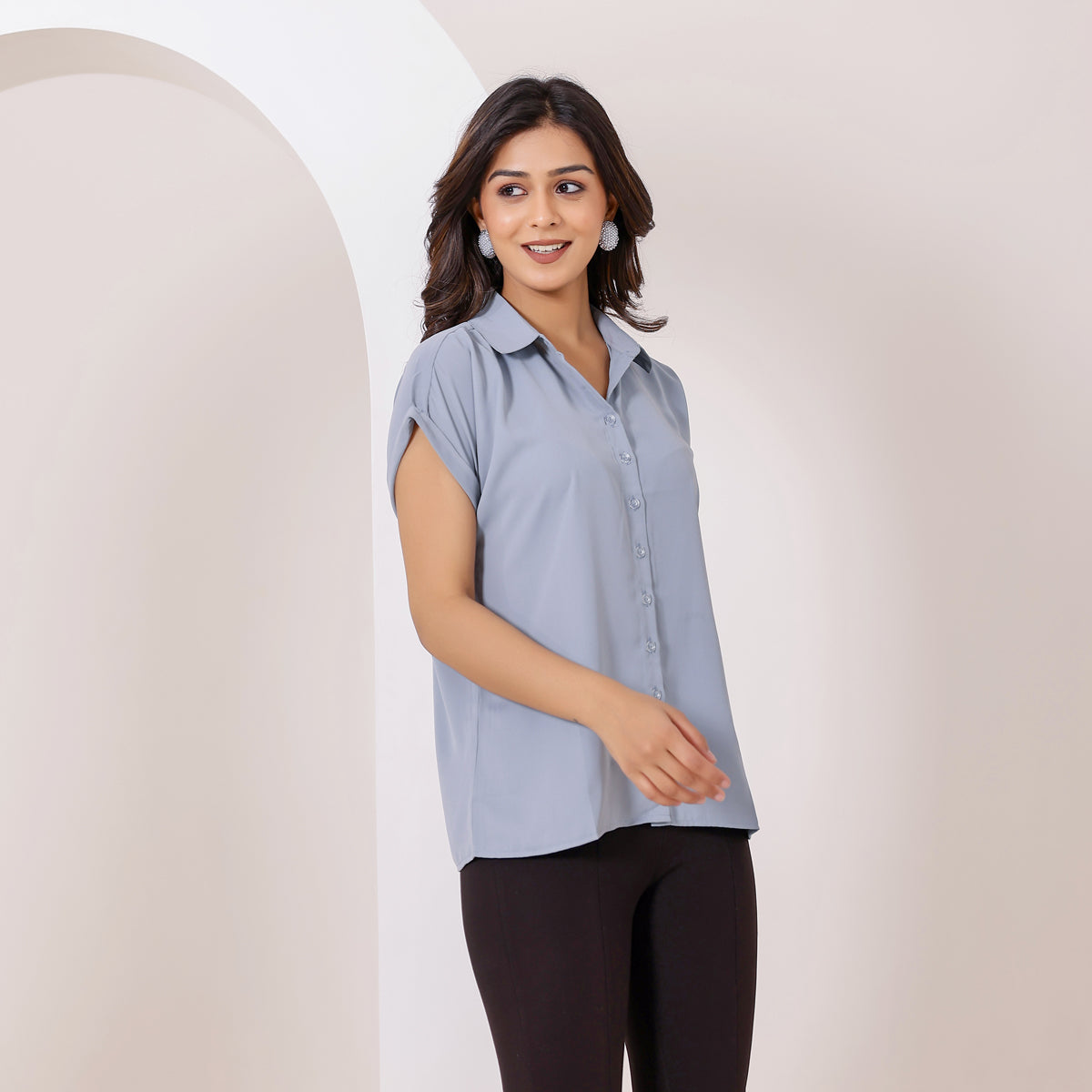 Dusty Blue Collared Butter Crepe Shirt