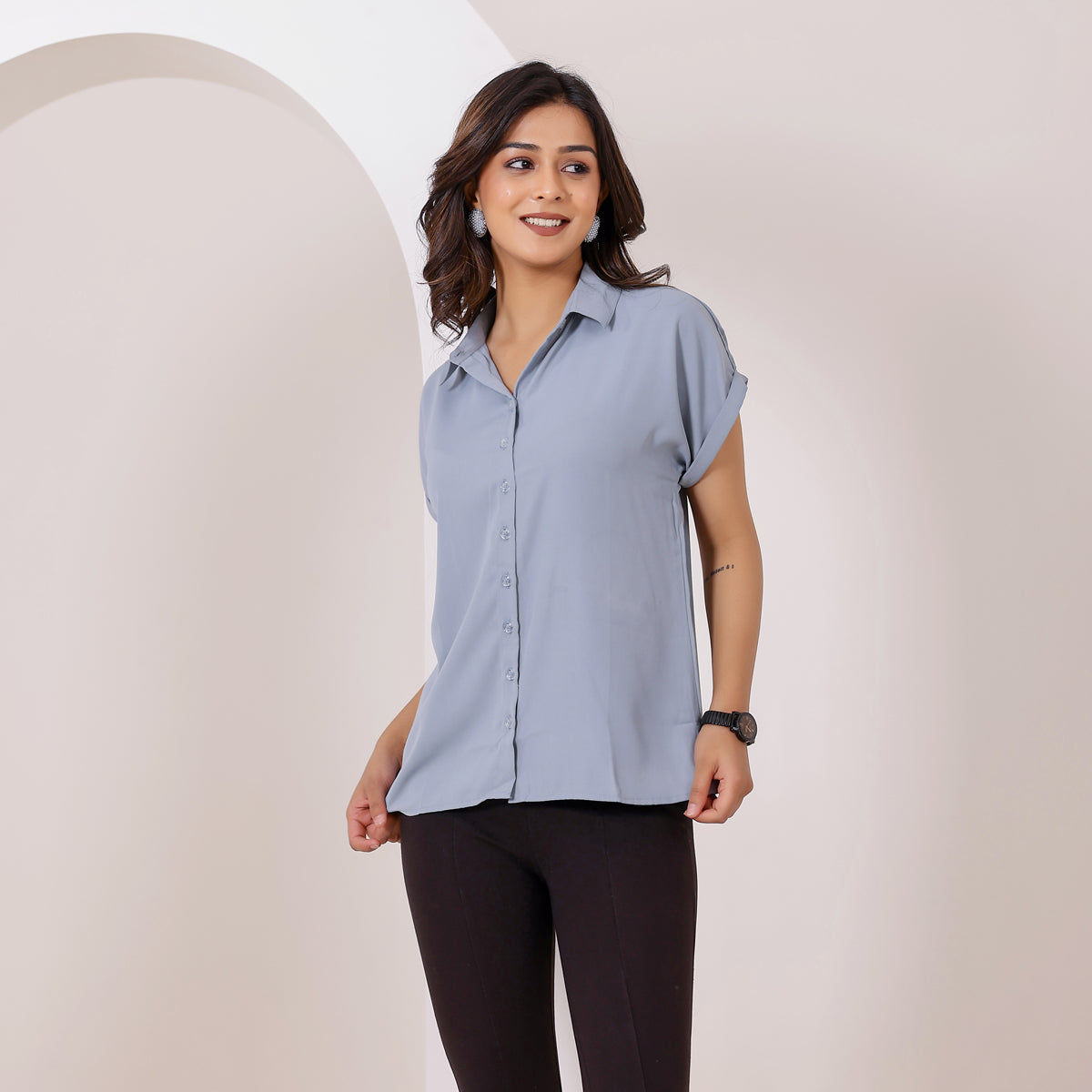 Dusty Blue Collared Butter Crepe Shirt