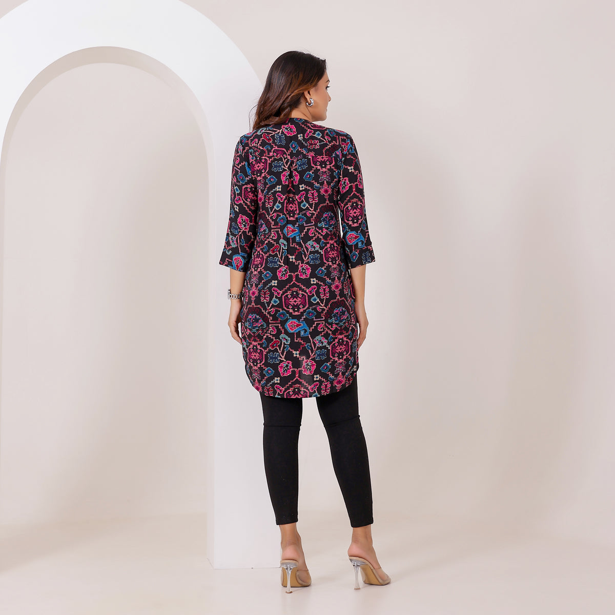 Black and Pink Abstract Printed Rayon Tunic