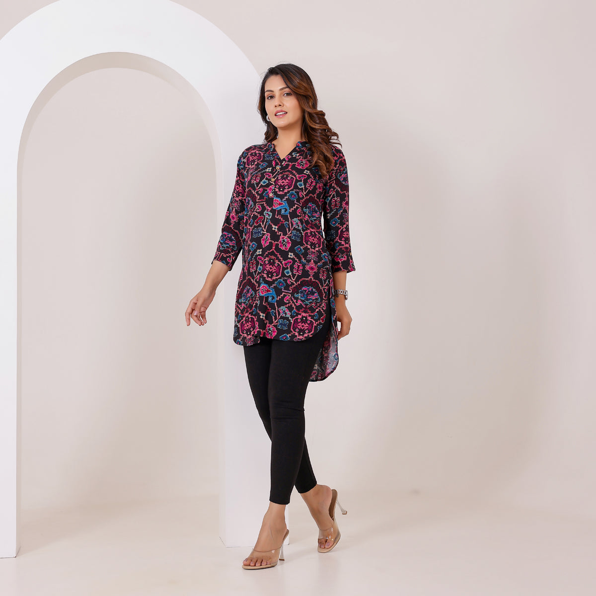 Black Abstract Print Rayon Tunic