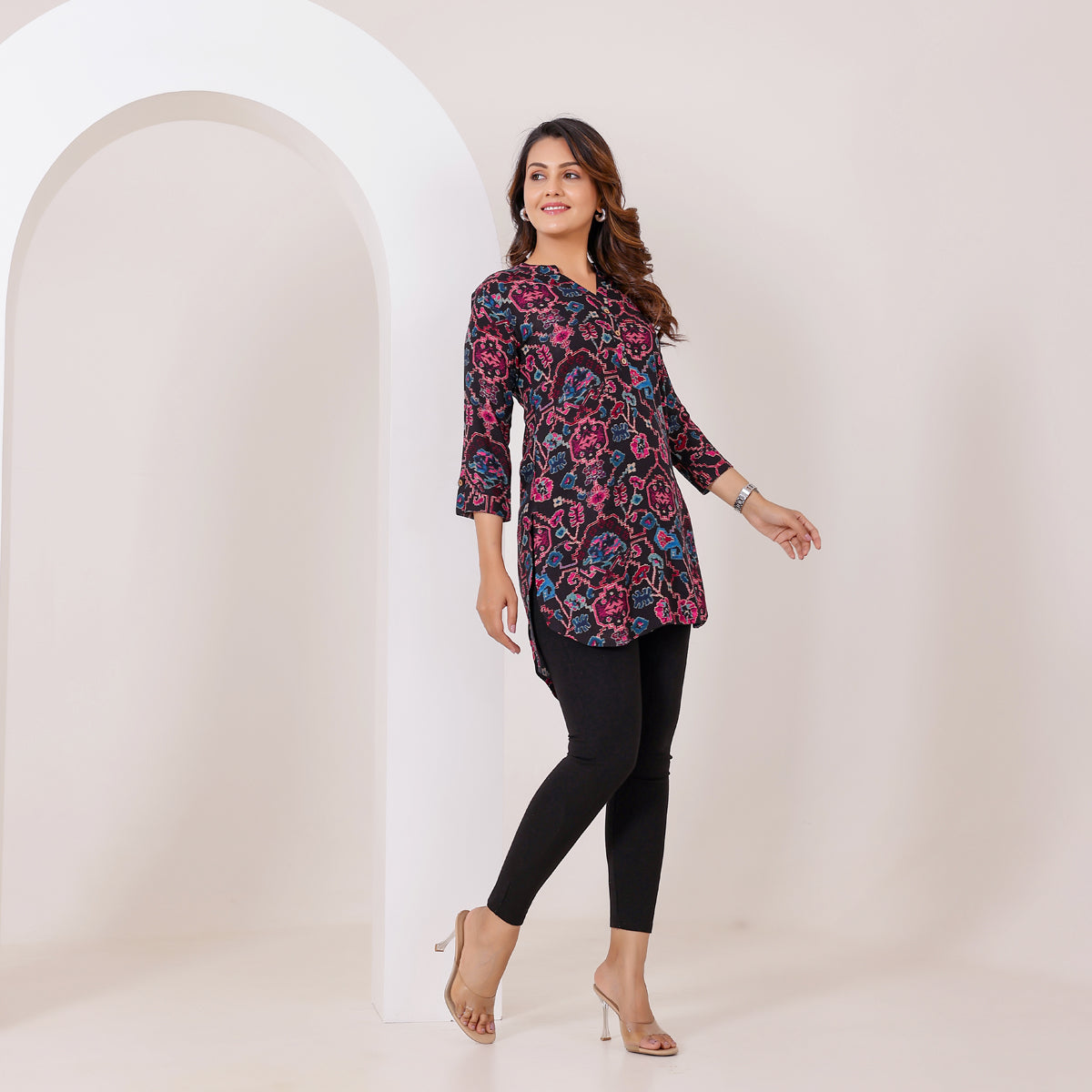 Black and Pink Abstract Printed Rayon Tunic