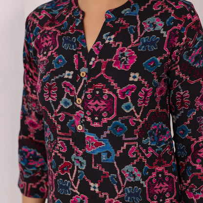 Black and Pink Abstract Printed Rayon Tunic