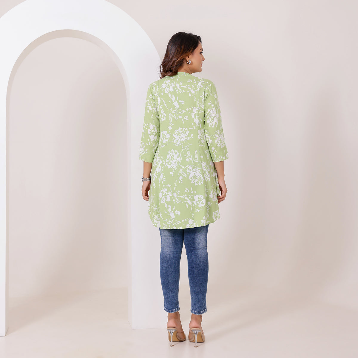 Mint Green and White Floral Print High-Low Rayon Top