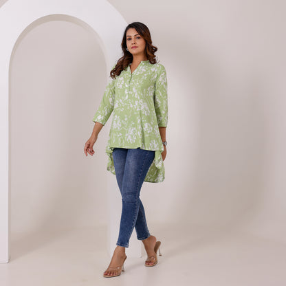 Pastel Green and White Floral Printed Rayon Tunic