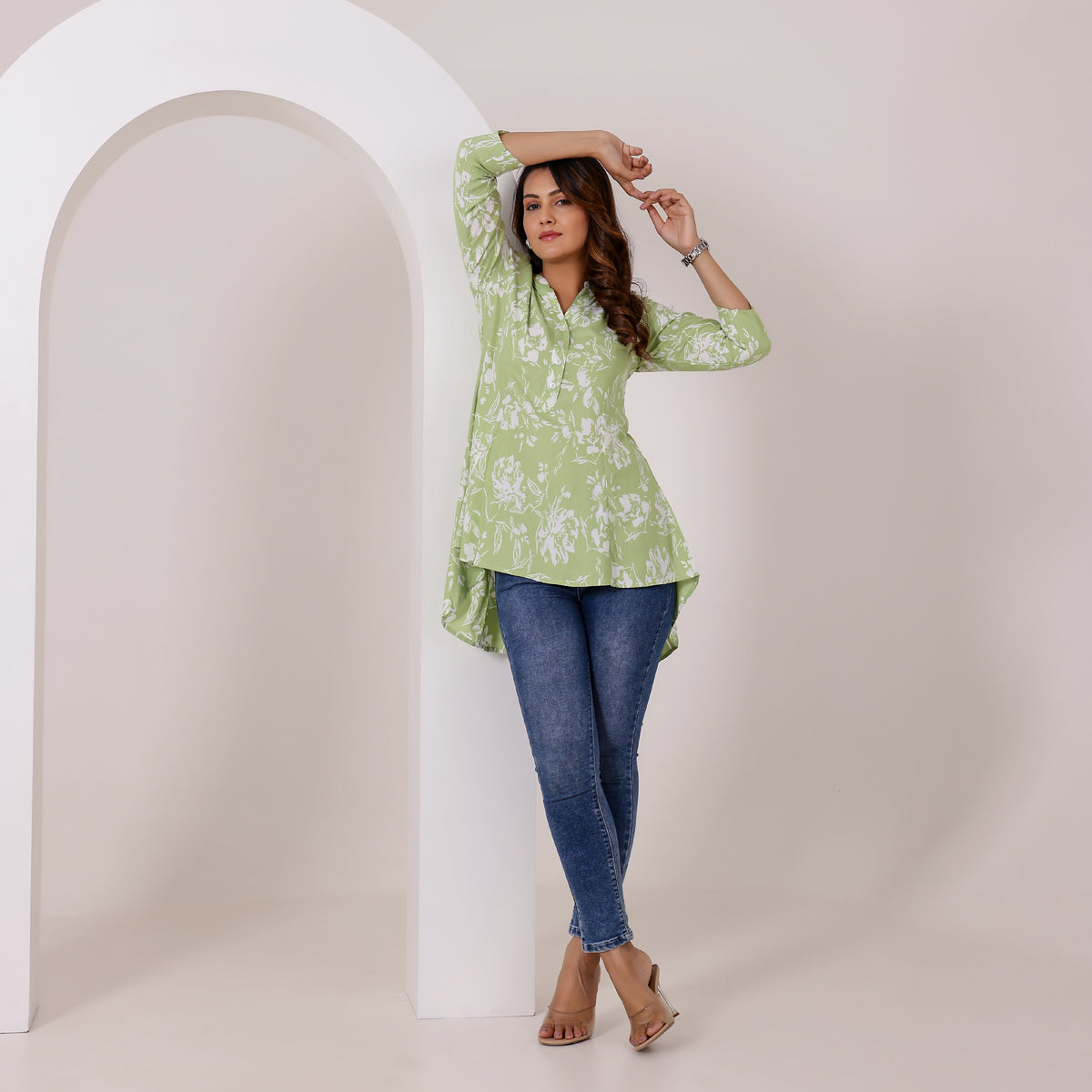 Pastel Green and White Floral Printed Rayon Tunic