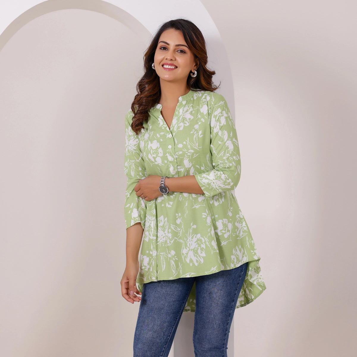Mint Green and White Floral Print High-Low Rayon Top