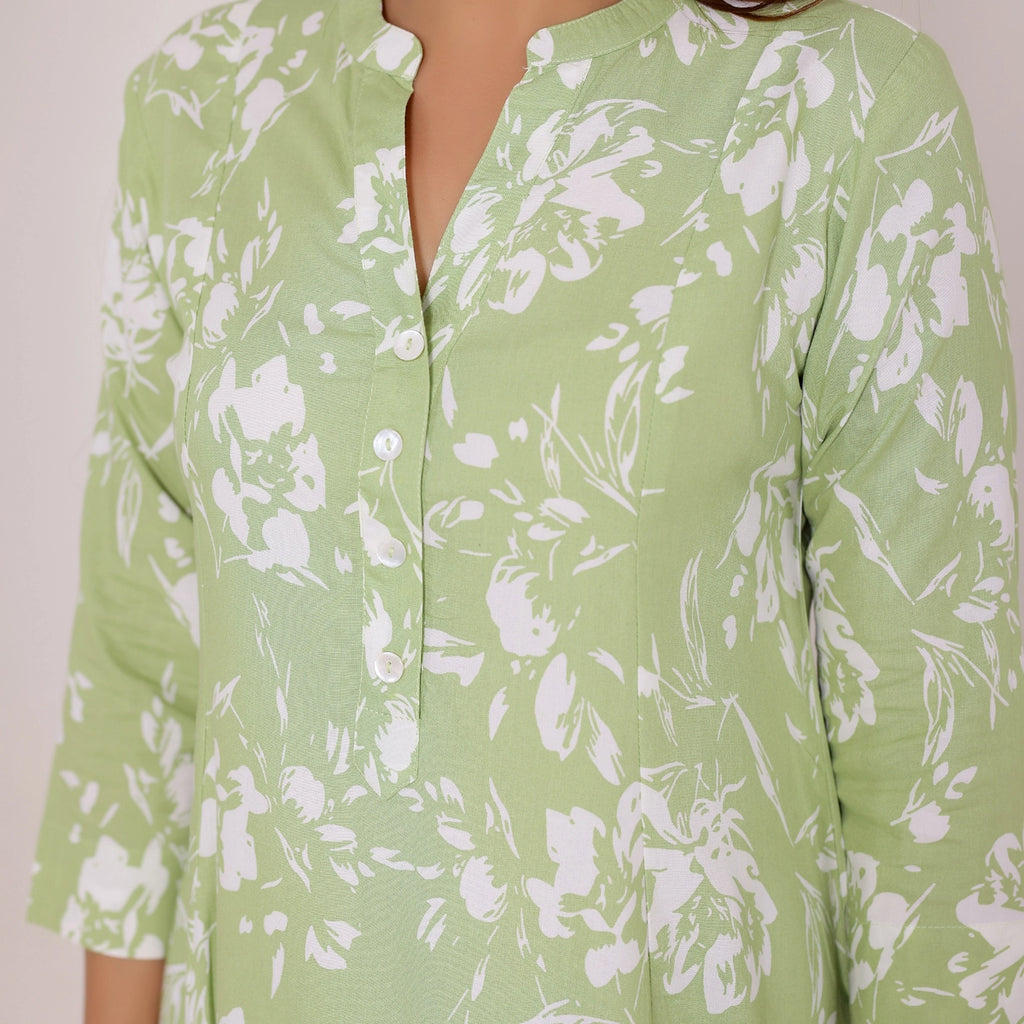Pastel Green and White Floral Printed Rayon Tunic