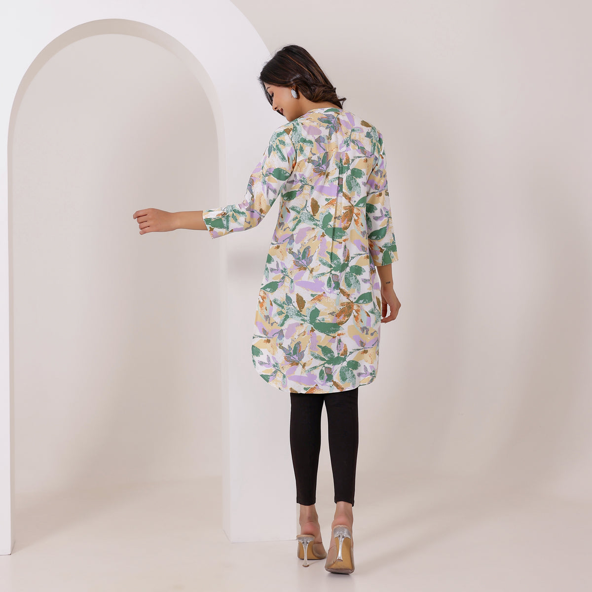 White and Green Floral Printed Rayon Tunic