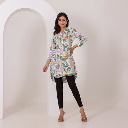 White and Green Floral Printed Rayon Tunic