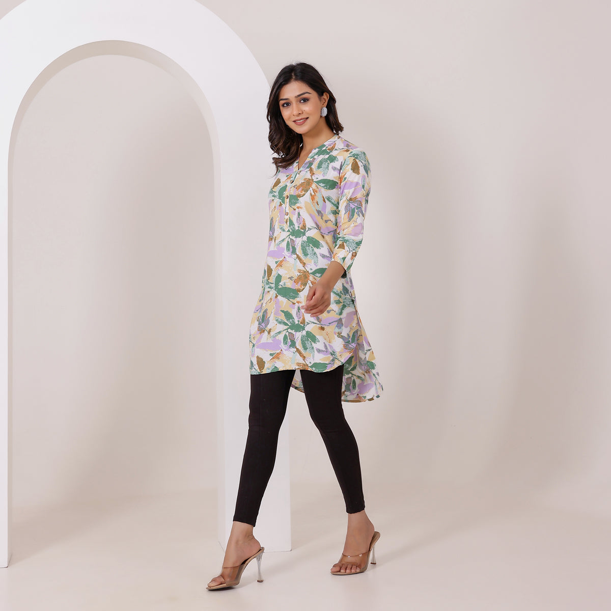 Multicolor leaf Print Rayon High-Low Tunic