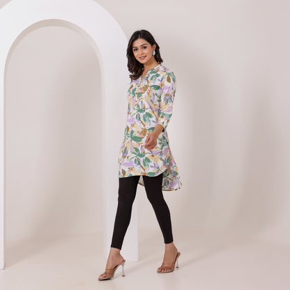 White and Green Floral Printed Rayon Tunic