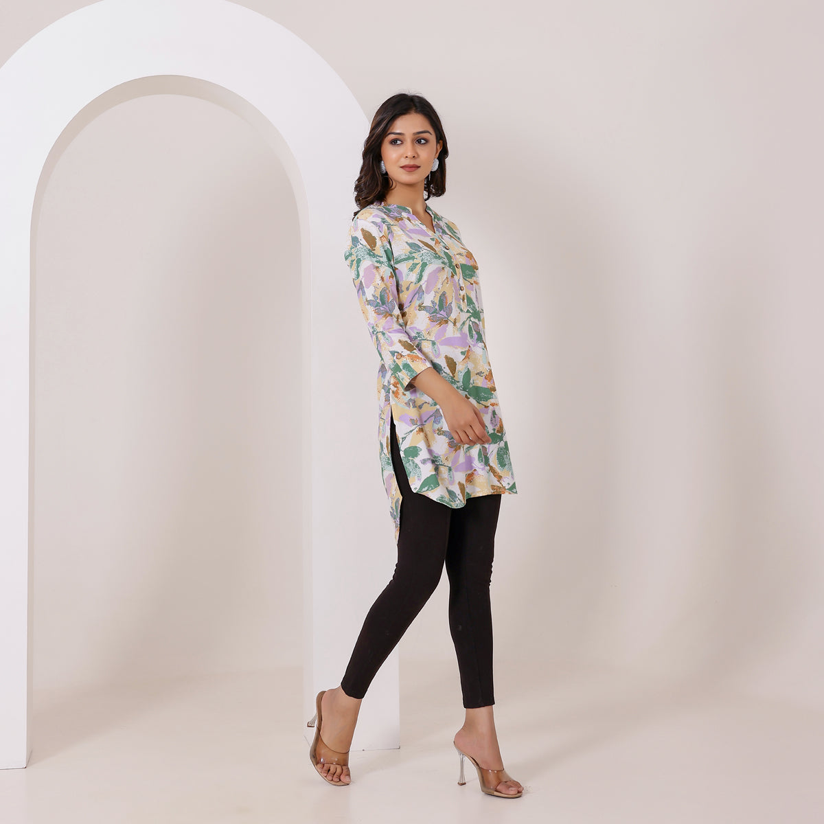 White and Green Floral Printed Rayon Tunic