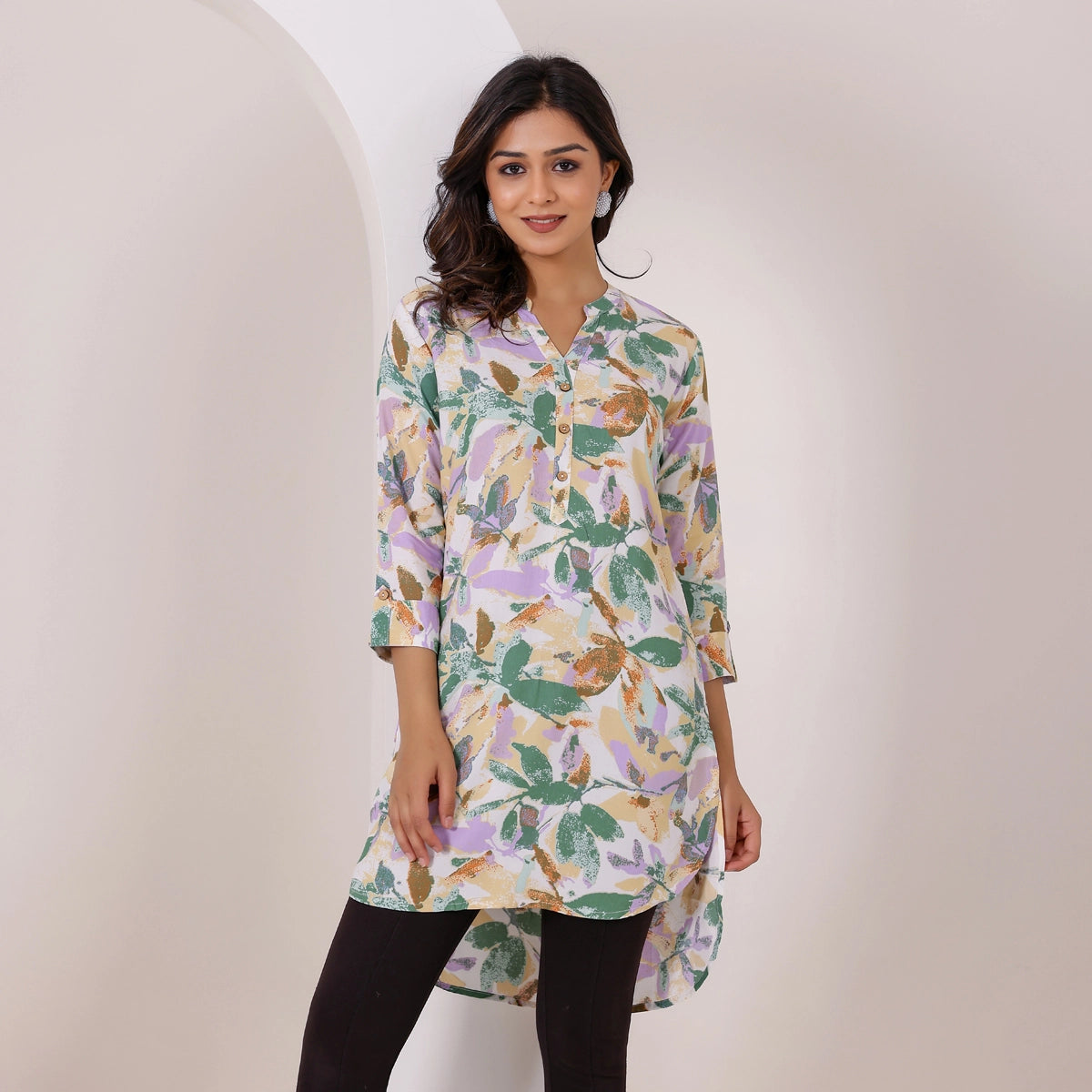 Multicolor leaf Print Rayon High-Low Tunic