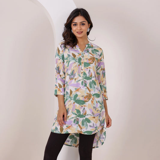 White and Green Floral Printed Rayon Tunic