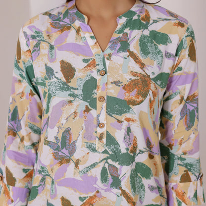 White and Green Floral Printed Rayon Tunic